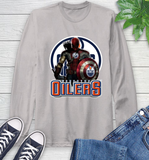 NHL Captain America Thor Spider Man Hawkeye Avengers Endgame Hockey Edmonton Oilers Long Sleeve T-Shirt 12