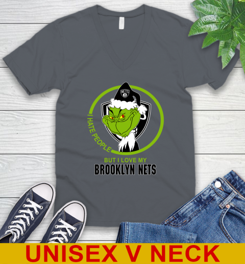 Brooklyn Nets NBA Christmas Grinch I Hate People But I Love My Favorite Basketball Team V-Neck T-Shirt 5