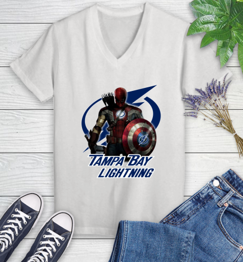 NHL Captain America Thor Spider Man Hawkeye Avengers Endgame Hockey Tampa Bay Lightning Women's V-Neck T-Shirt