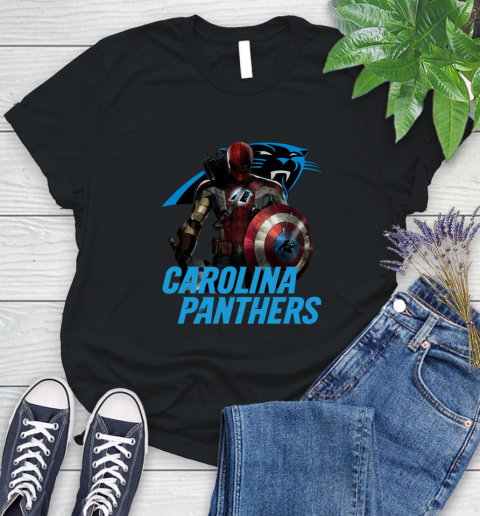 NFL Captain America Thor Spider Man Hawkeye Avengers Endgame Football Carolina Panthers Women's T-Shirt 2