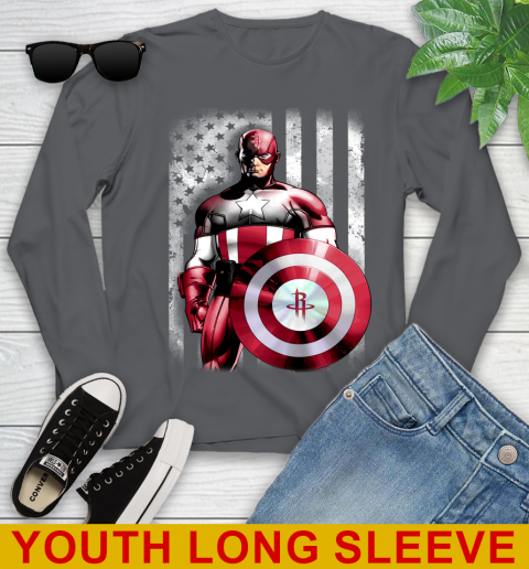 Houston Rockets NBA Basketball Captain America Marvel Avengers American Flag Shirt Youth Long Sleeve 9