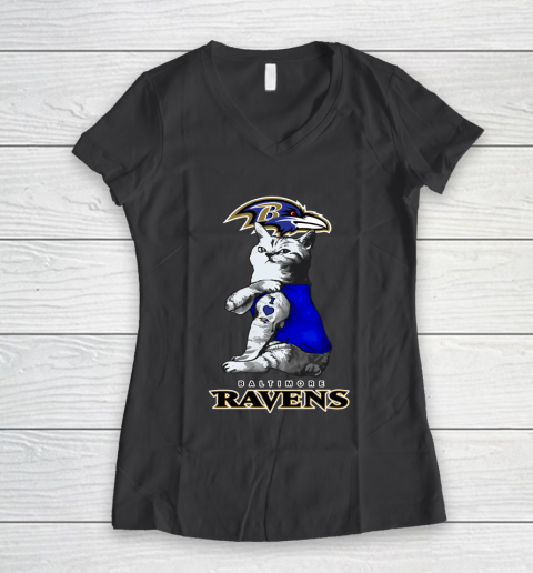 NFL Football My Cat Loves Baltimore Ravens Women's V-Neck T-Shirt 6