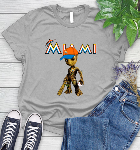 MLB Miami Marlins Groot Guardians Of The Galaxy Baseball Women's T-Shirt 5