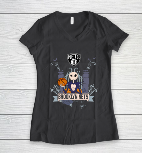 NBA Brooklyn Nets Basketball Jack Skellington Halloween Women's V-Neck T-Shirt 6