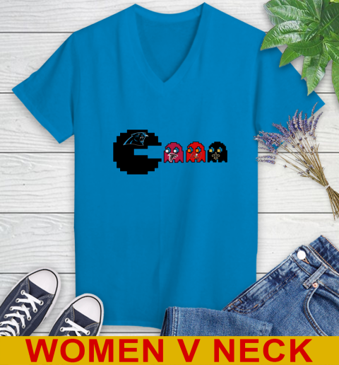 Carolina Panthers NFL Football Pac Man Champion Women's V-Neck T-Shirt 8