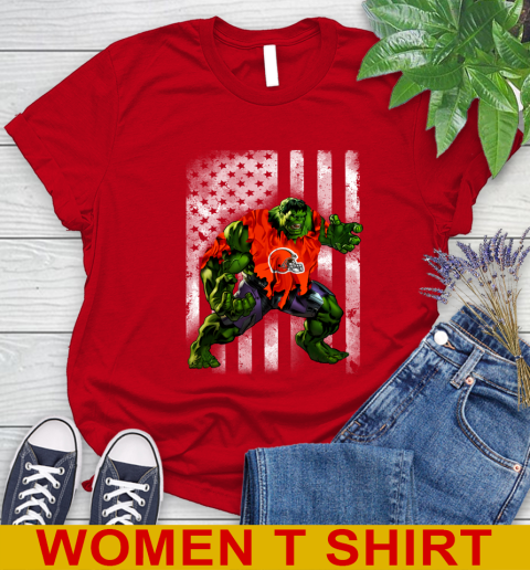 Cleveland Browns Hulk Marvel Avengers NFL Football American Flag Women's T-Shirt 11