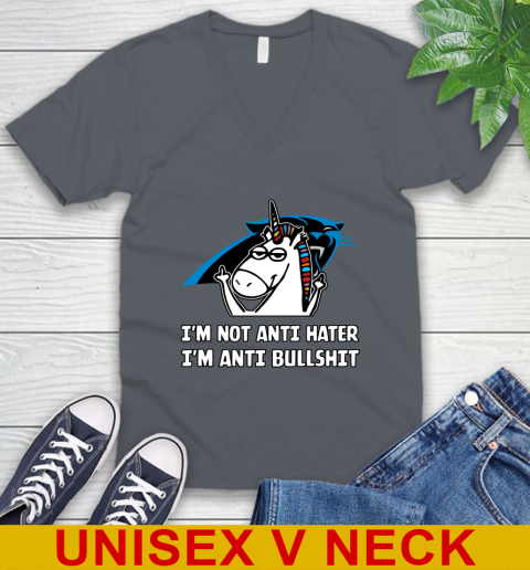 Carolina Panthers NFL Football Unicorn I'm Not Anti Hater I'm Anti Bullshit V-Neck T-Shirt 5
