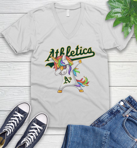 Oakland Athletics MLB Baseball Funny Unicorn Dabbing Sports V-Neck T-Shirt