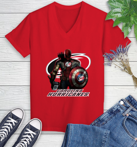NHL Captain America Thor Spider Man Hawkeye Avengers Endgame Hockey Carolina Hurricanes Women's V-Neck T-Shirt 12