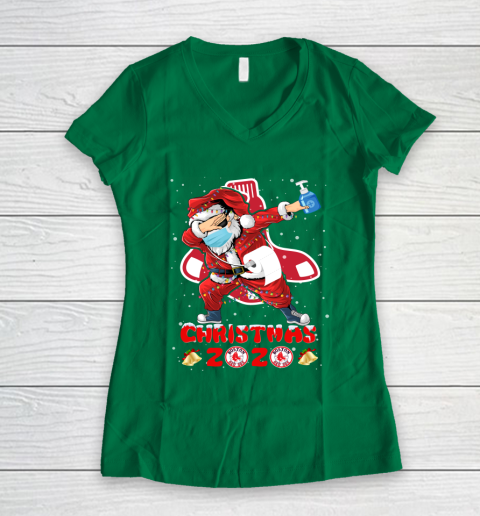 Boston Red Sox Funny Santa Claus Dabbing Christmas 2020 MLB Women's V-Neck T-Shirt 3