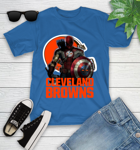 NFL Captain America Thor Spider Man Hawkeye Avengers Endgame Football Cleveland Browns Youth T-Shirt 9