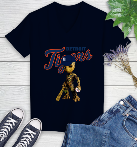 MLB Detroit Tigers Groot Guardians Of The Galaxy Baseball Women's V-Neck T-Shirt 3