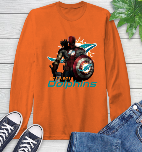 NFL Captain America Thor Spider Man Hawkeye Avengers Endgame Football Miami Dolphins Long Sleeve T-Shirt 5
