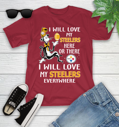 NFL Football Pittsburgh Steelers I Will Love My Steelers Everywhere Dr Seuss Shirt Youth T-Shirt 12