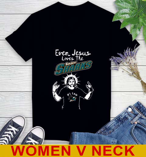 San Jose Sharks NHL Hockey Even Jesus Loves The Sharks Shirt Women's V-Neck T-Shirt