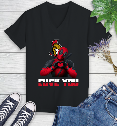 NHL Ottawa Senators Deadpool Love You Fuck You Hockey Sports Women's V-Neck T-Shirt