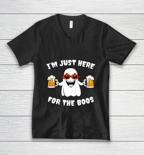 Halloween Im Just Here For The Boos Funny Ghost Holding Beer V-Neck T-Shirt