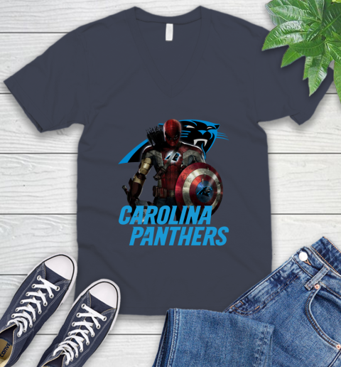 NFL Captain America Thor Spider Man Hawkeye Avengers Endgame Football Carolina Panthers V-Neck T-Shirt 9