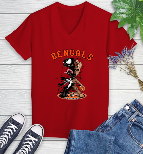 NFL Cincinnati Bengals Football Venom Groot Guardians Of The Galaxy Women's V-Neck T-Shirt 12
