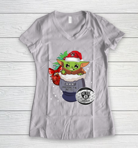 Brooklyn Nets Christmas Baby Yoda Star Wars Funny Happy NBA Women's V-Neck T-Shirt 2