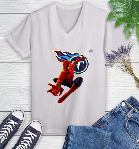 NFL Spider Man Avengers Endgame Football Tennessee Titans Women's V-Neck T-Shirt