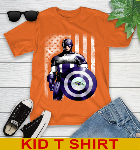 Baltimore Ravens NFL Football Captain America Marvel Avengers American Flag Shirt Youth T-Shirt 8