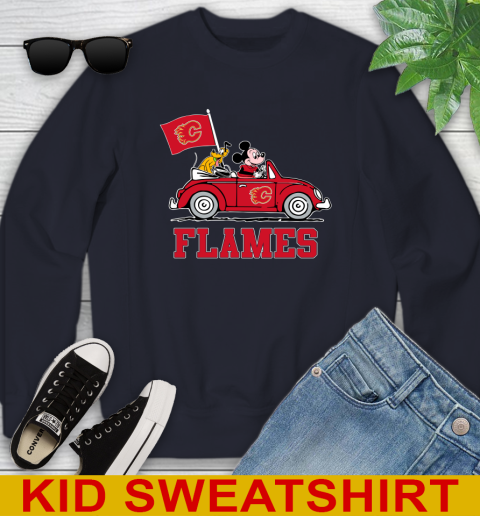 NHL Hockey Calgary Flames Pluto Mickey Driving Disney Shirt Youth Sweatshirt 3