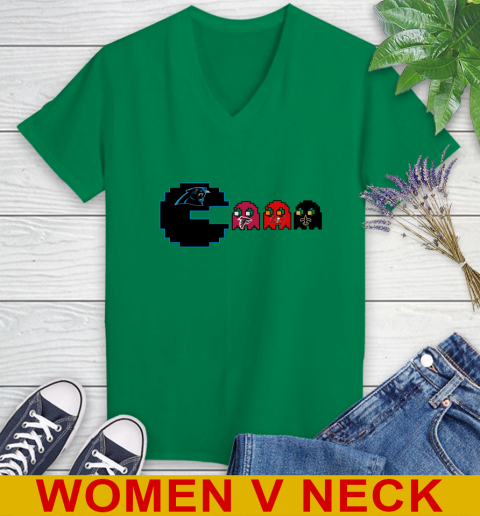 Carolina Panthers NFL Football Pac Man Champion Women's V-Neck T-Shirt 6