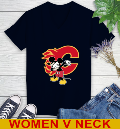 Calgary Flames NHL Hockey Dabbing Mickey Disney Sports Women's V-Neck T-Shirt 3