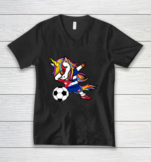 Funny Dabbing Unicorn Cuba Football Cuban Flag Soccer V-Neck T-Shirt