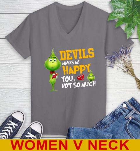 NHL New Jersey Devils Makes Me Happy You Not So Much Grinch Hockey Sports Women's V-Neck T-Shirt 11