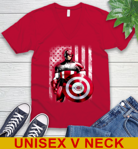 Cincinnati Reds MLB Baseball Captain America Marvel Avengers American Flag Shirt V-Neck T-Shirt 6