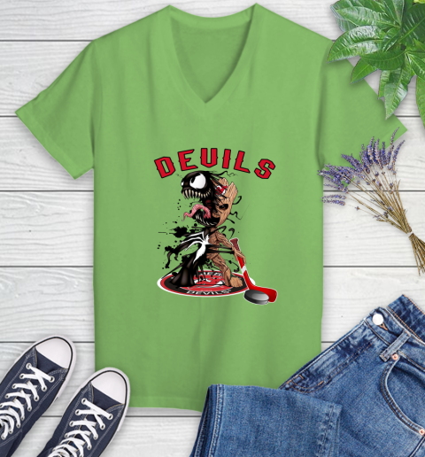 NHL New Jersey Devils Hockey Venom Groot Guardians Of The Galaxy Women's V-Neck T-Shirt 11