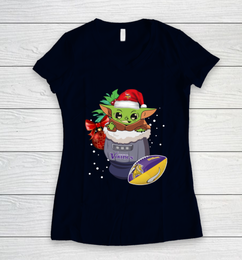 Minnesota Vikings Christmas Baby Yoda Star Wars Funny Happy NFL Women's V-Neck T-Shirt 3