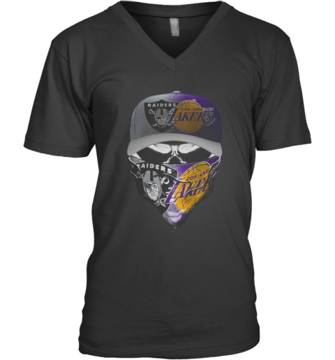 Skull Mask Oakland Raiders And Los Angeles Lakers V-Neck T-Shirt