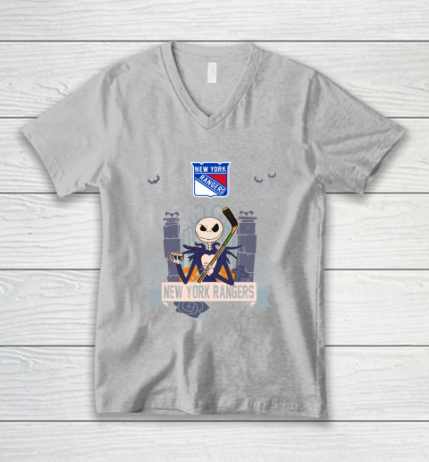 NHL New York Rangers Hockey Jack Skellington Halloween V-Neck T-Shirt 3