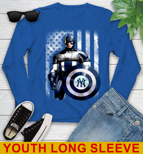 New York Yankees MLB Baseball Captain America Marvel Avengers American Flag Shirt Youth Long Sleeve 10