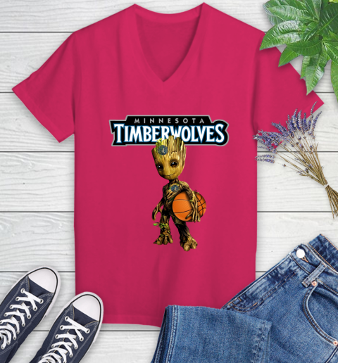 Minnesota Timberwolves NBA Basketball Groot Marvel Guardians Of The Galaxy Women's V-Neck T-Shirt 9