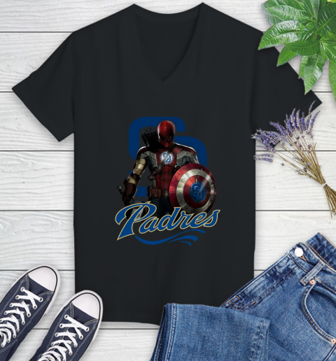 MLB Captain America Thor Spider Man Hawkeye Avengers Endgame Baseball San Diego Padres Women's V-Neck T-Shirt 2