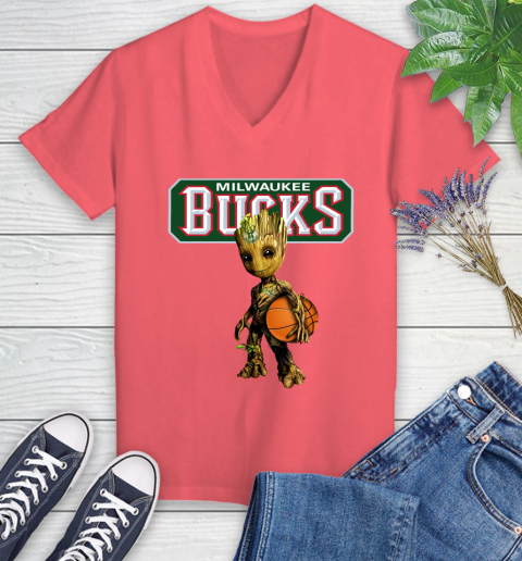Milwaukee Bucks NBA Basketball Groot Marvel Guardians Of The Galaxy Women's V-Neck T-Shirt 6