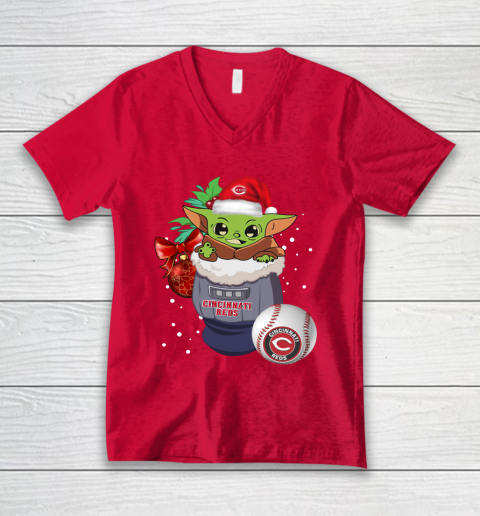 Cincinnati Reds Christmas Baby Yoda Star Wars Funny Happy MLB V-Neck T-Shirt 7