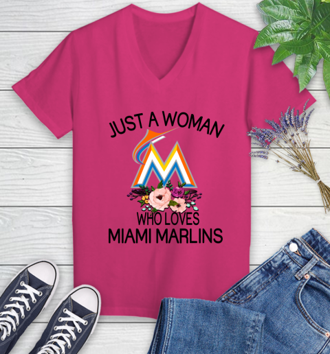 MLB Just A Woman Who Loves Miami Marlins Baseball Sports Women's V-Neck T-Shirt 5