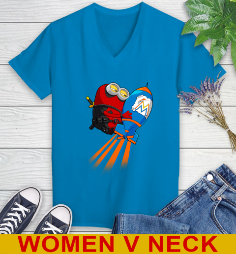 MLB Baseball Miami Marlins Deadpool Minion Marvel Shirt Women's V-Neck T-Shirt 7