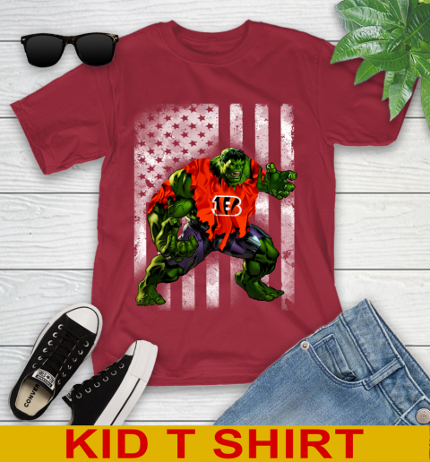 Cincinnati Bengals Hulk Marvel Avengers NFL Football American Flag Youth T-Shirt 12