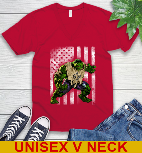 New Orleans Saints Hulk Marvel Avengers NFL Football American Flag V-Neck T-Shirt 6