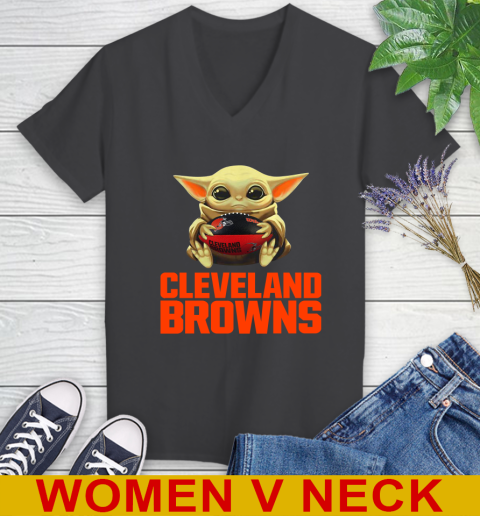 NFL Football Cleveland Browns Baby Yoda Star Wars Shirt Women's V-Neck T-Shirt 9