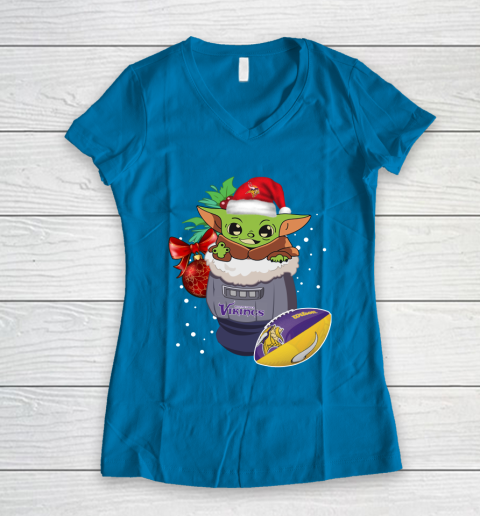 Minnesota Vikings Christmas Baby Yoda Star Wars Funny Happy NFL Women's V-Neck T-Shirt 7