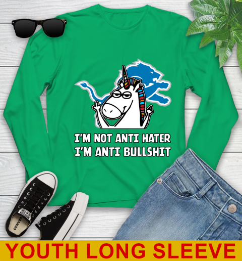 Detroit Lions NFL Football Unicorn I'm Not Anti Hater I'm Anti Bullshit Youth Long Sleeve 7