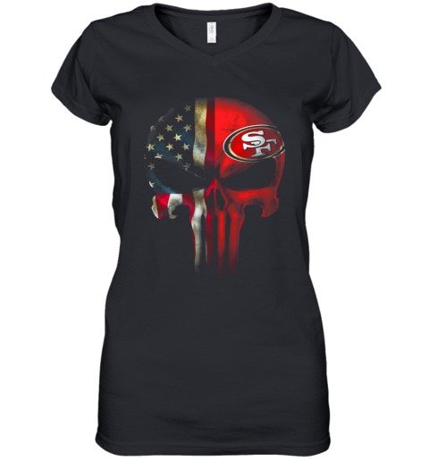 San Francisco 49Ers Skull Punisher American Flag Women's V-Neck T-Shirt