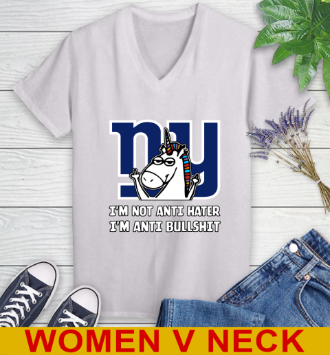 New York Giants NFL Football Unicorn I'm Not Anti Hater I'm Anti Bullshit Women's V-Neck T-Shirt